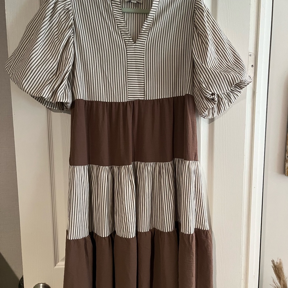 She + Sky Brown and Cream Striped Midi Dress